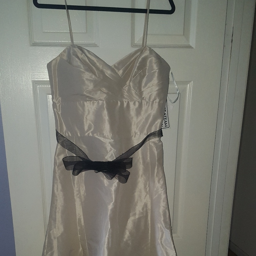 floor length ball gown with black tie